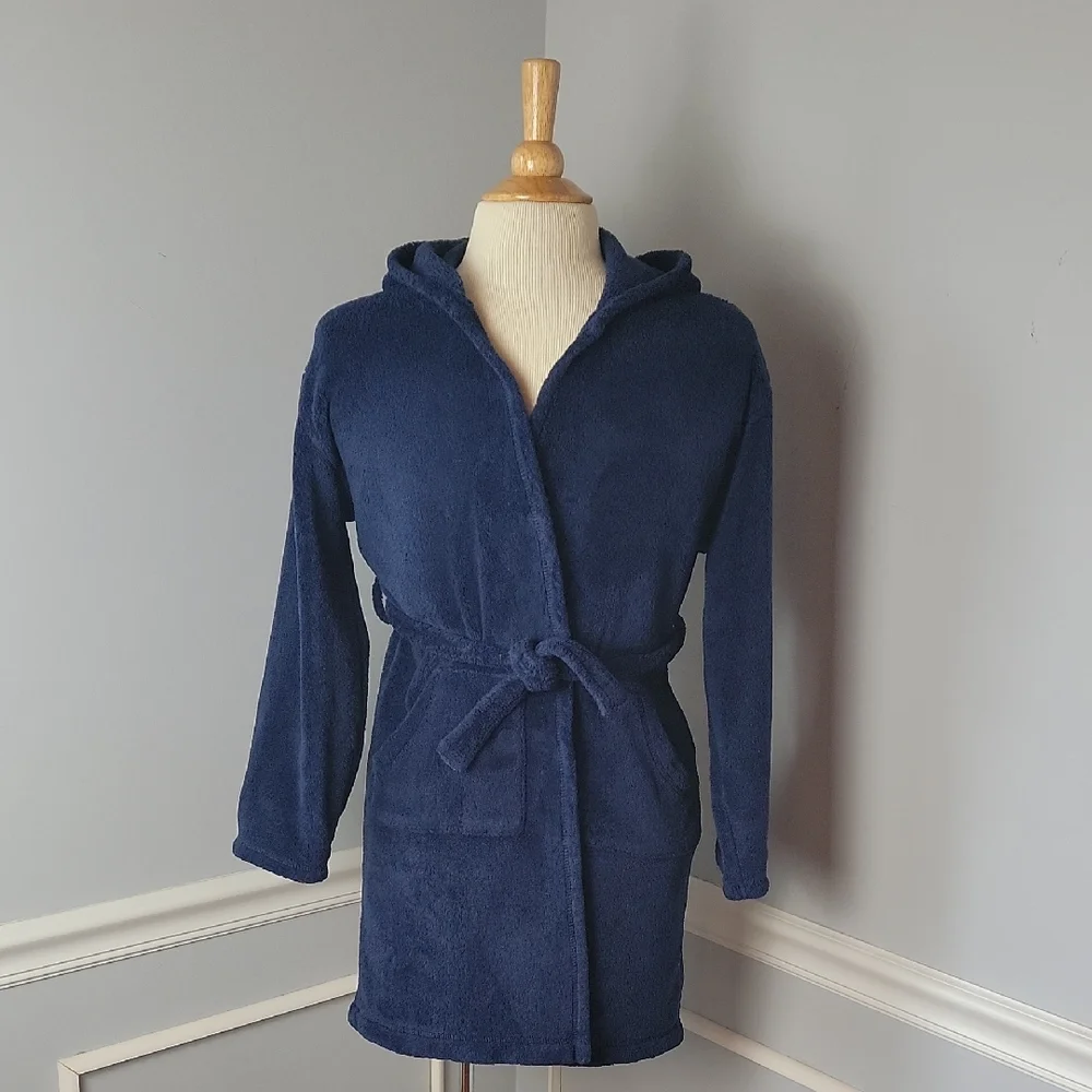 GAP Kids Boy's Navy Blue Plush Hooded Tie Waist Loungewear Bath Robe‎ Sz 10